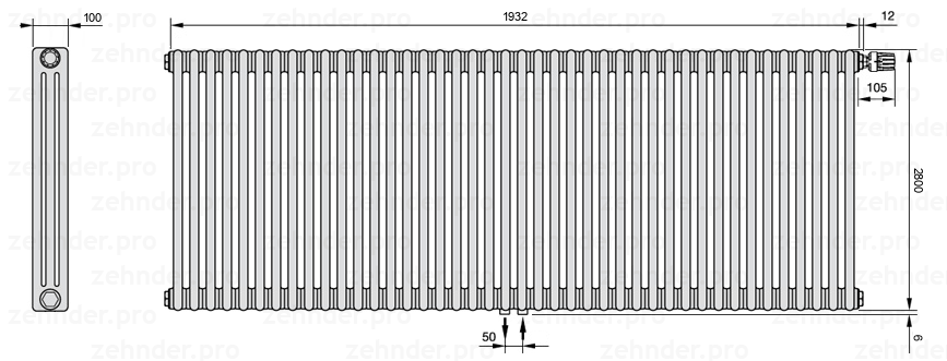 Схема (чертеж) Радиатор Zehnder Charleston 3280/42 №V008 Белый глянцевый RAL 9016